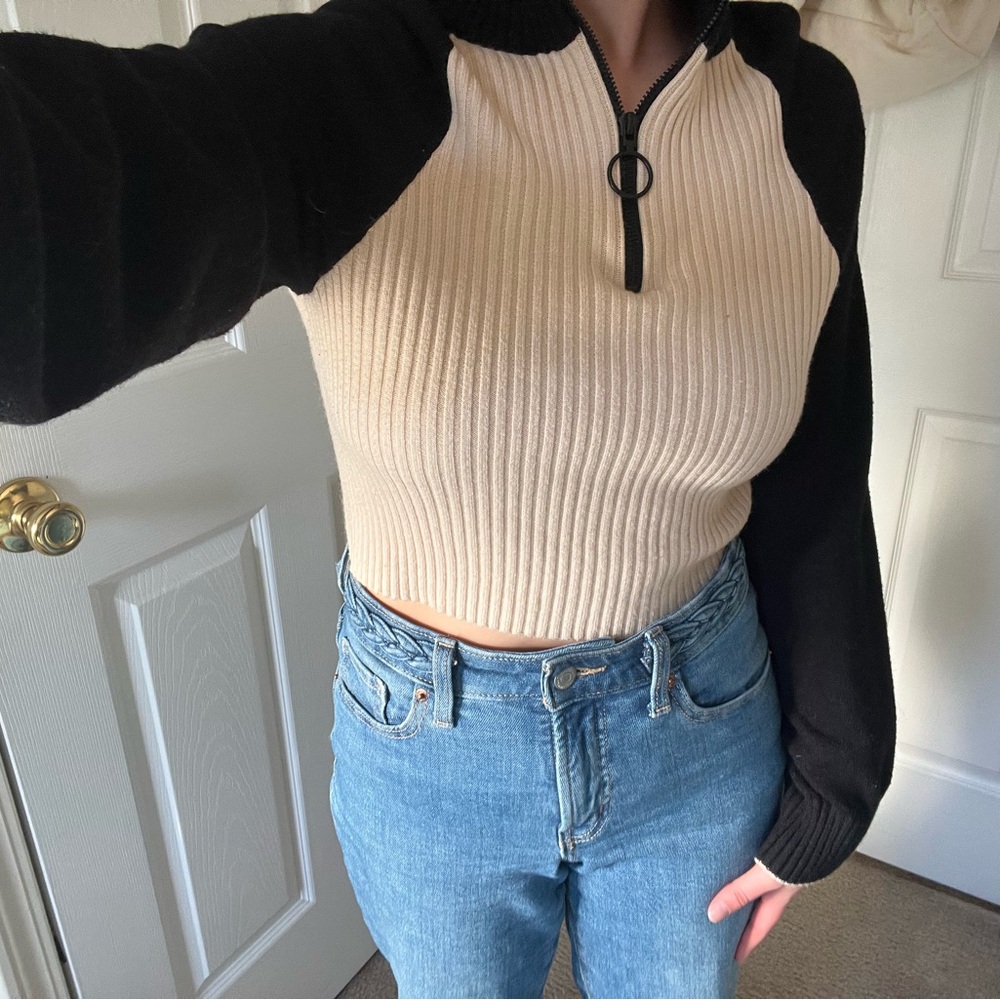 Crybaby brand Black and Cream Women's Zip-Up Top